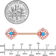 Load image into Gallery viewer, 14G 9/16 Blue Synthetic Opal Rose Gold Tone Lacy Nipple Ring Set