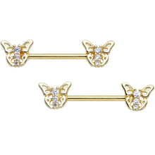 Load image into Gallery viewer, 14G 9/16 Clear CZ Gem Gold Tone Open Butterfly Nipple Ring Set