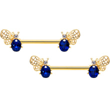Load image into Gallery viewer, 14G 9/16 Blue Gem Gold Tone Beautiful Bee Barbell Nipple Ring Set