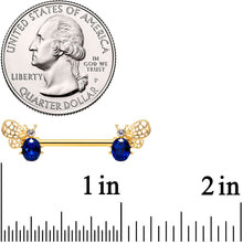 Load image into Gallery viewer, 14G 9/16 Blue Gem Gold Tone Beautiful Bee Barbell Nipple Ring Set