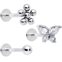 Load image into Gallery viewer, 16G 5/16 Clear CZ Gem Flower Butterfly Labret Tragus Set of 3