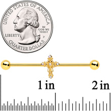 Load image into Gallery viewer, 14G Clear CZ Gem Gold Tone Cross Industrial Barbell 38mm