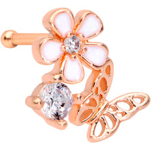 Load image into Gallery viewer, 20G 1/4 Clear CZ Gem Rose Gold Tone Butterfly Flower Nose Bone