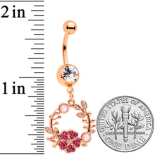 Load image into Gallery viewer, White Synthetic Opal Rose Gold Tone Pink Flower Dangle Belly Ring