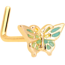 Load image into Gallery viewer, 20G 7mm Gold Tone Green Inlay Butterfly L Shaped Nose Ring