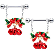 Load image into Gallery viewer, 14G 9/16 Holiday Red Bells Christmas Chain Dangle Nipple Ring Set