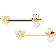 Load image into Gallery viewer, 14G 9/16 White Faux Opal Gold Tone Insect Flower Nipple Ring Set