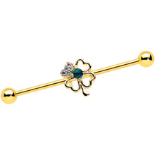 Load image into Gallery viewer, 14G Green Synthetic Opal Gold Hue Shamrock Industrial Barbell 38mm