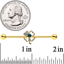 Load image into Gallery viewer, 14G Green Synthetic Opal Gold Hue Shamrock Industrial Barbell 38mm