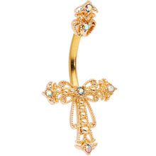Load image into Gallery viewer, Clear CZ Gem Gold Tone Scrollwork Cross Belly Ring