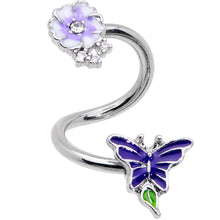 Load image into Gallery viewer, Clear CZ Gem Flower Blue Butterfly Spiral Twister Belly Ring