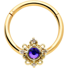 Load image into Gallery viewer, 16G 3/8 Purple Tourmaline Gold Tone Filigree Hinged Segment Ring
