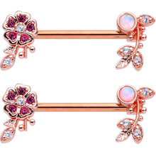 Load image into Gallery viewer, 14G 9/16 White Synth Opal Rose Gold Hue Leaf Flower Nipple Ring Set