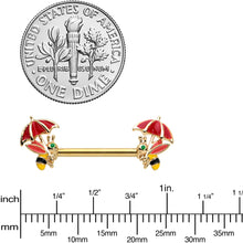 Load image into Gallery viewer, 14G 9/16 Gold Tone Rainy Day Umbrella Bee Barbell Nipple Ring Set