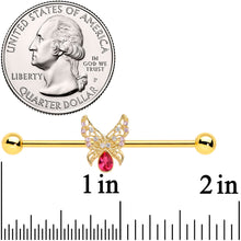 Load image into Gallery viewer, 14G Clear Red Gem Gold Hue Lacy Butterfly Industrial Barbell 38mm