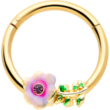 Load image into Gallery viewer, 16G 3/8 Purple CZ Gem Gold Tone Pink Flower Hinged Segment Ring
