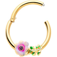 Load image into Gallery viewer, 16G 3/8 Purple CZ Gem Gold Tone Pink Flower Hinged Segment Ring