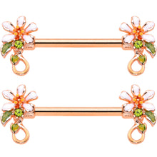 Load image into Gallery viewer, 14G 9/16 Green Gem Rose Gold Tone Orange Flower Nipple Ring Set