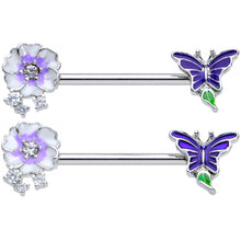 Load image into Gallery viewer, 14G 9/16 Clear CZ Gem Flower Blue Butterfly Nipple Ring Set