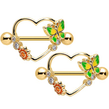 Load image into Gallery viewer, 14G 9/16 Clear CZ Gem Gold Tone Butterfly Heart Nipple Shield Set