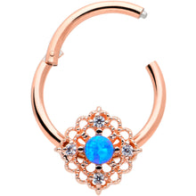 Load image into Gallery viewer, 16G 3/8 Blue Synthetc Opal Rose Gold Hue Lacy Hinged Segment Ring