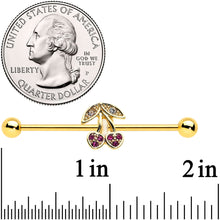 Load image into Gallery viewer, 14G Clear Purple Gem Gold Tone Cherry Industrial Barbell 38mm