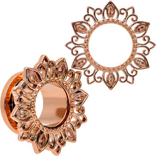 Load image into Gallery viewer, Brown Gem Rose Gold Tone Floral Edge Screw Fit Tunnel Plug Set