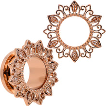 Load image into Gallery viewer, Brown Gem Rose Gold Tone Floral Edge Screw Fit Tunnel Plug Set