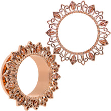 Load image into Gallery viewer, Brown Gem Rose Gold Tone Floral Edge Screw Fit Tunnel Plug Set