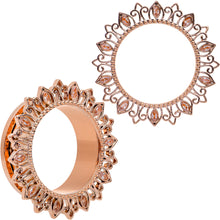 Load image into Gallery viewer, Brown Gem Rose Gold Tone Floral Edge Screw Fit Tunnel Plug Set