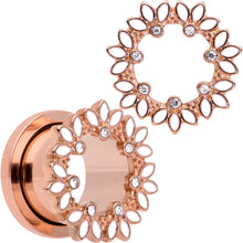 Load image into Gallery viewer, Clear Gem Rose Gold Tone White Leaves Screw Fit Tunnel Plug Set