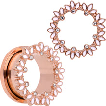 Load image into Gallery viewer, Clear Gem Rose Gold Tone White Leaves Screw Fit Tunnel Plug Set