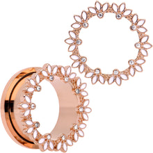 Load image into Gallery viewer, Clear Gem Rose Gold Tone White Leaves Screw Fit Tunnel Plug Set