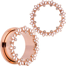 Load image into Gallery viewer, Clear Gem Rose Gold Tone White Leaves Screw Fit Tunnel Plug Set