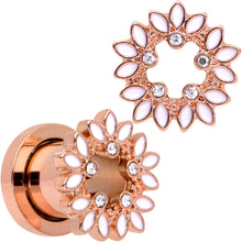 Load image into Gallery viewer, Clear Gem Rose Gold Tone White Leaves Screw Fit Tunnel Plug Set