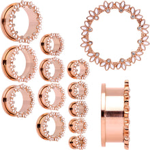 Load image into Gallery viewer, Clear Gem Rose Gold Tone White Leaves Screw Fit Tunnel Plug Set