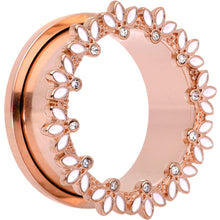 Load image into Gallery viewer, Clear Gem Rose Gold Tone White Leaves Screw Fit Tunnel Plug Set