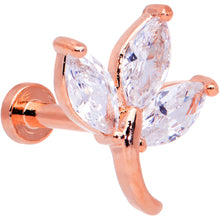 Load image into Gallery viewer, 16G 1/4 Clear CZ Gem Rose Gold Tone Leaves Internal Thread Labret
