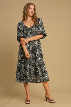 Load image into Gallery viewer, Ruffle Hem Flower Printed V-Neck Dress – Floral Print Dress, Ruffle Hem V-Neck Dress, Feminine Floral Dress, Elegant V-Neck Dress, Flirty Ruffle Hem Dress