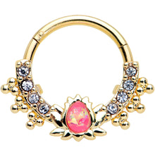 Load image into Gallery viewer, 16G 3/8 Pink Faux Opal Gold Tone Style Lotus Hinged Segment Ring