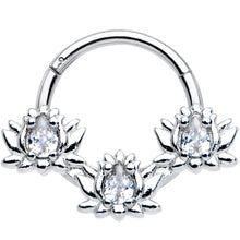 Load image into Gallery viewer, 16G 3/8 Clear CZ Gem Triple Lotus Hinged Segment Ring