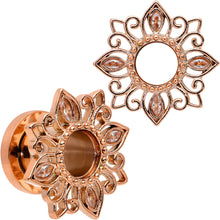 Load image into Gallery viewer, 2G Brown Gem Rose Gold Tone Floral Screw Fit Tunnel Plug Set
