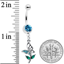 Load image into Gallery viewer, Blue Green Gem Perching Floral Butterfly Dangle Belly Ring