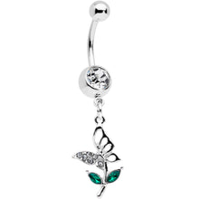 Load image into Gallery viewer, Clear Green Gem Perching Floral Butterfly Dangle Belly Ring
