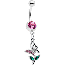 Load image into Gallery viewer, Pink Green Gem Perching Floral Butterfly Dangle Belly Ring