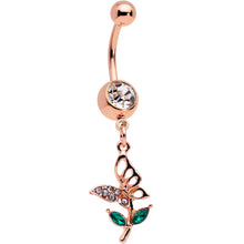 Load image into Gallery viewer, Clear Gem Rose Gold Tone Perching Floral Butterfly Dangle Belly Ring