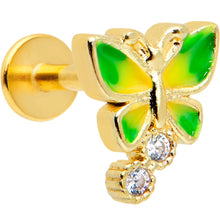 Load image into Gallery viewer, 16G 1/4 Clear CZ Gem Gold Tone Green Butterfly Labret Tragus