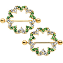 Load image into Gallery viewer, 14G 25mm Gold Tone Clear Green Gem Floral Nipple Shield Set
