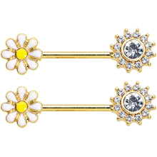 Load image into Gallery viewer, 14G 9/16 Clear Gem Gold Tone Sun Daisy Flower Nipple Ring Set