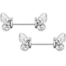 Load image into Gallery viewer, 14G 9/16 Clear Gem Lacy Butterfly Barbell Nipple Ring Set